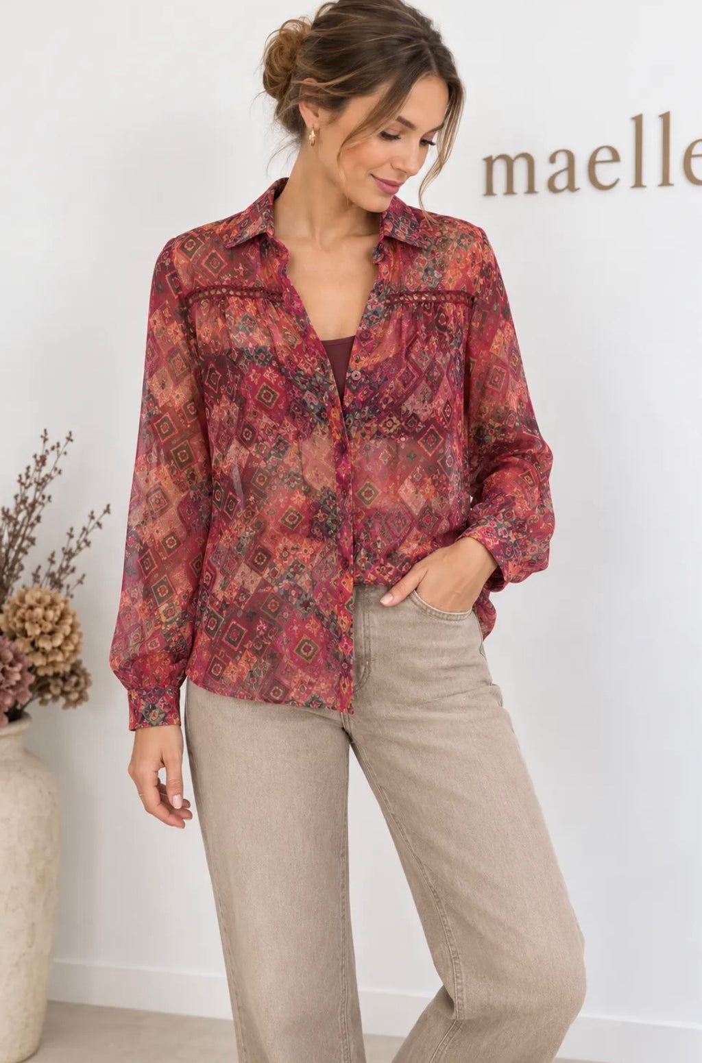 Blouse fluide vieux rose/bordeaux imprimé