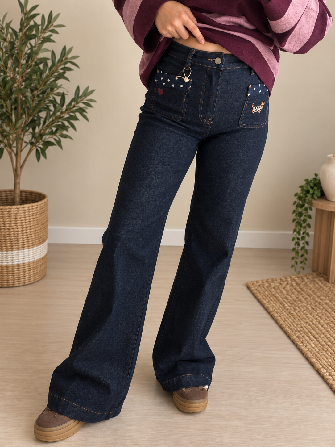 Jean wide leg denim brut broderie teckel