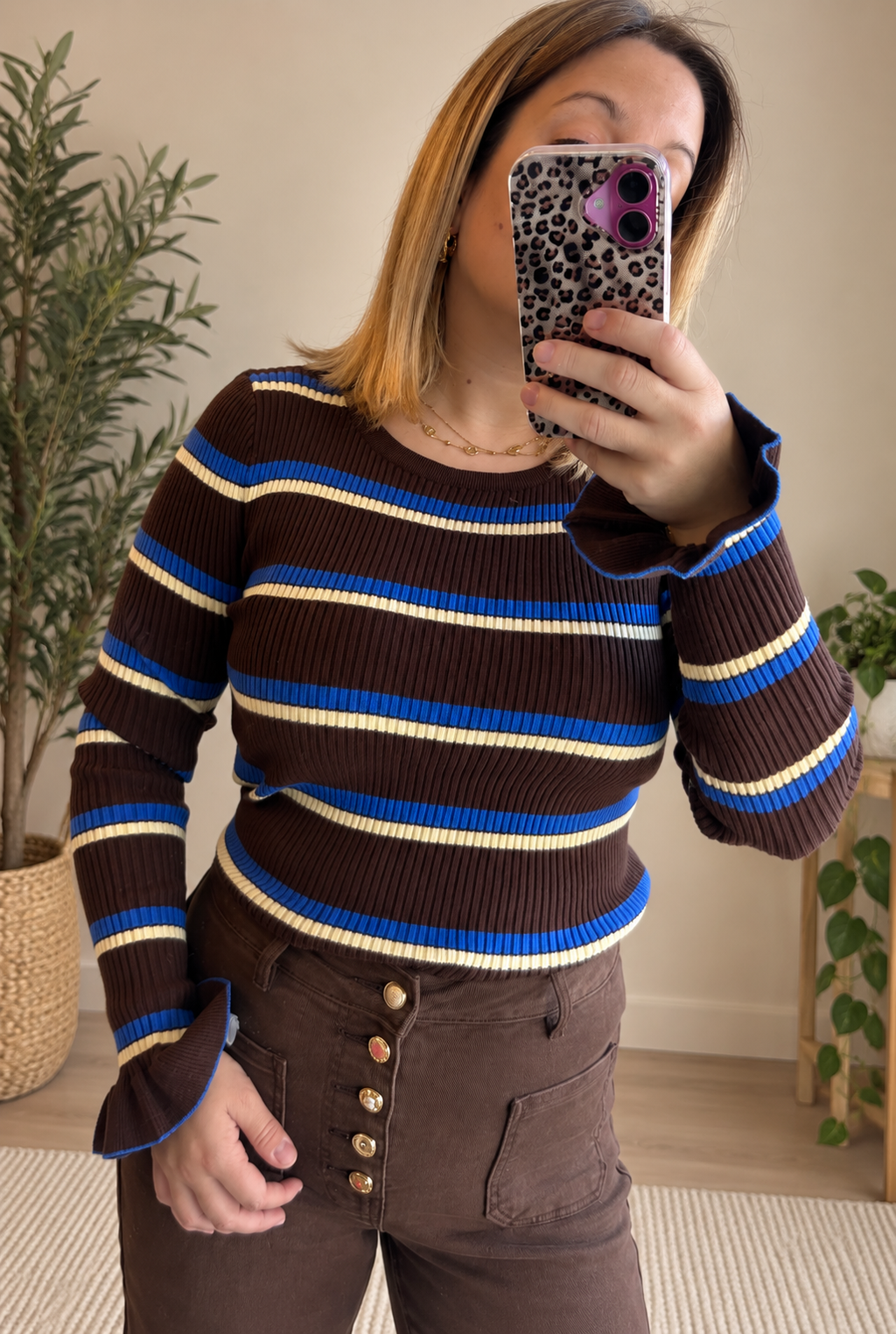 Pull fin cotelé chocolat/bleu électrique/jaune beurre