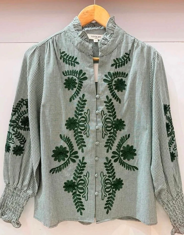 Chemise petit carreaux et broderies vert sapin