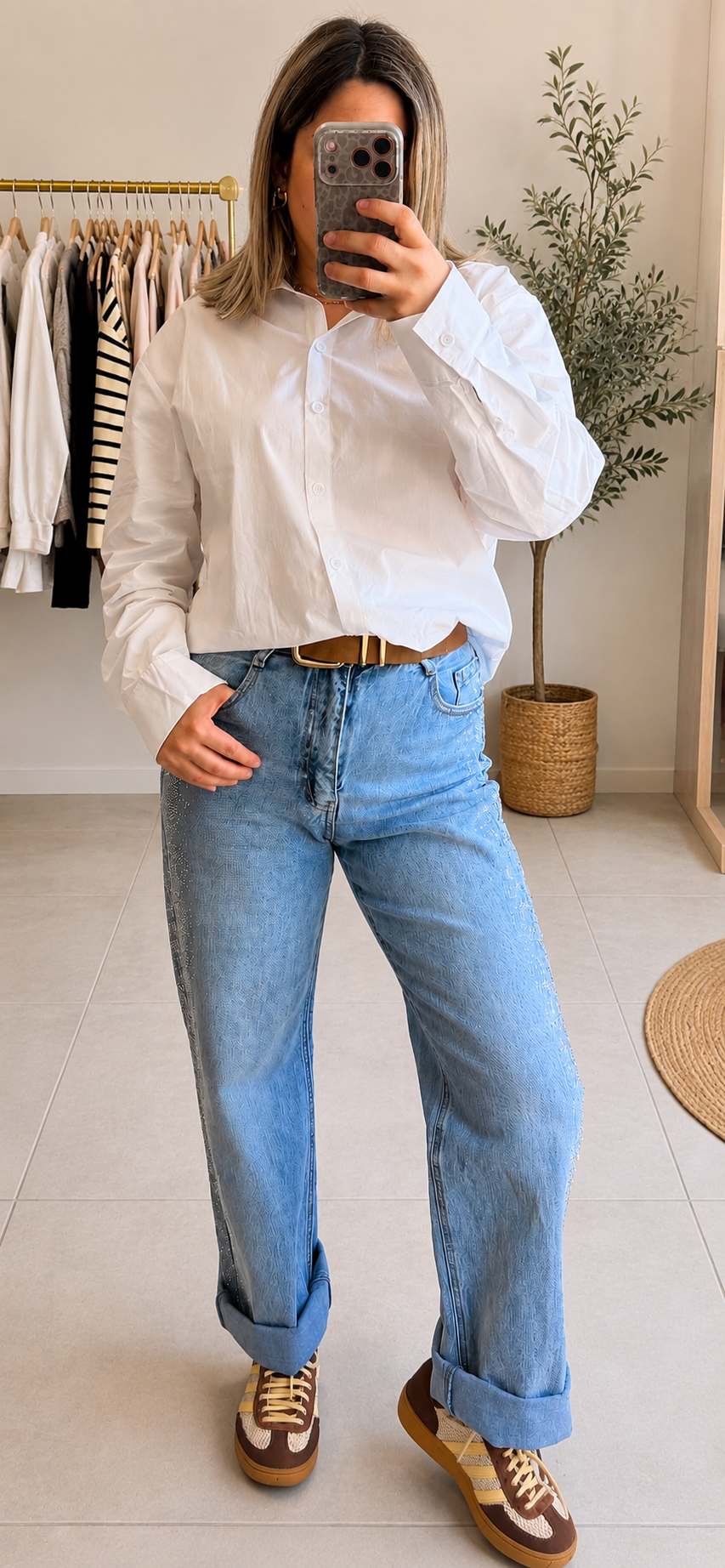 Jean wide leg details leopard en strass sur les côtés