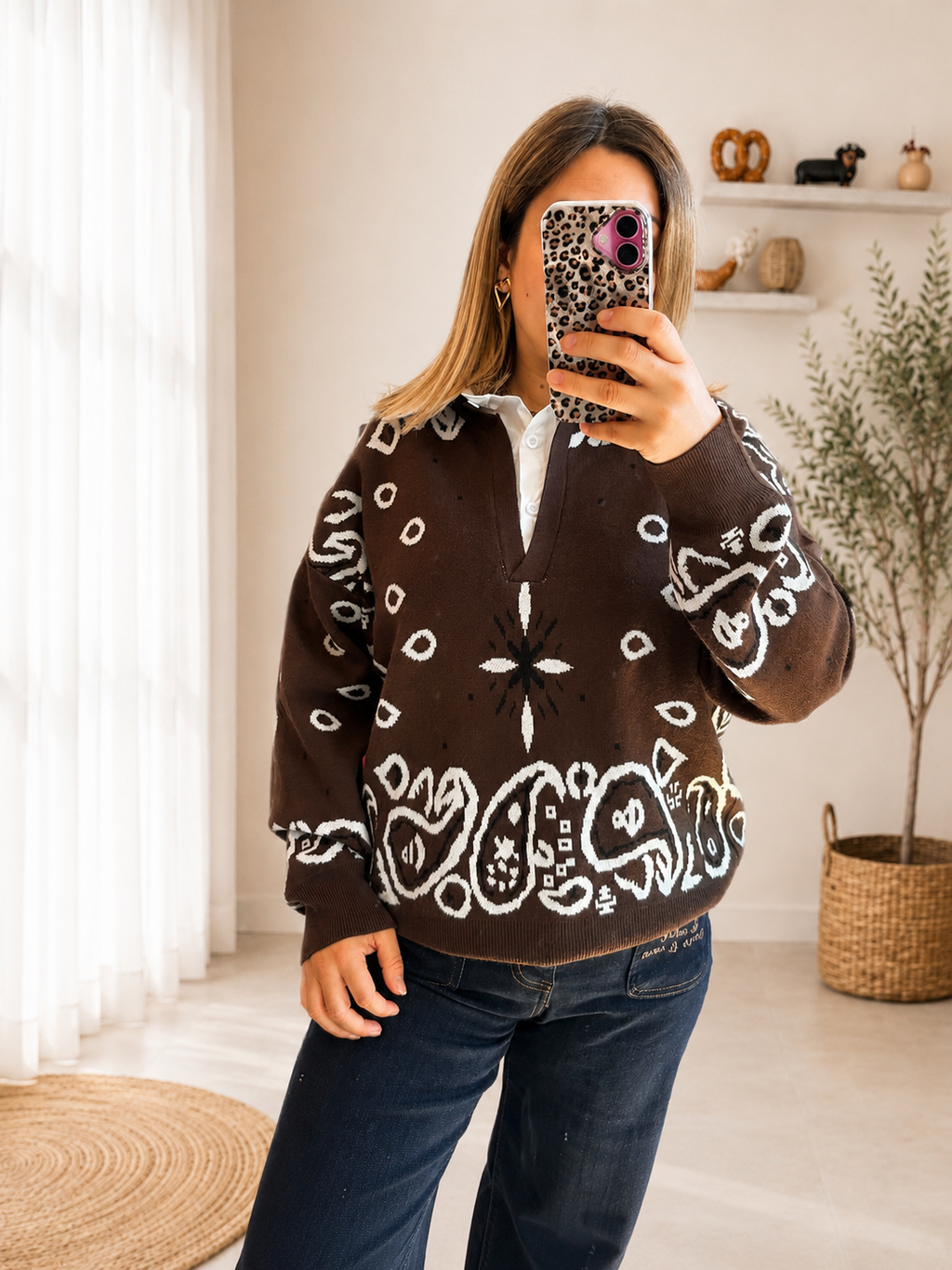 Pull chocolat imprimé 2 en 1