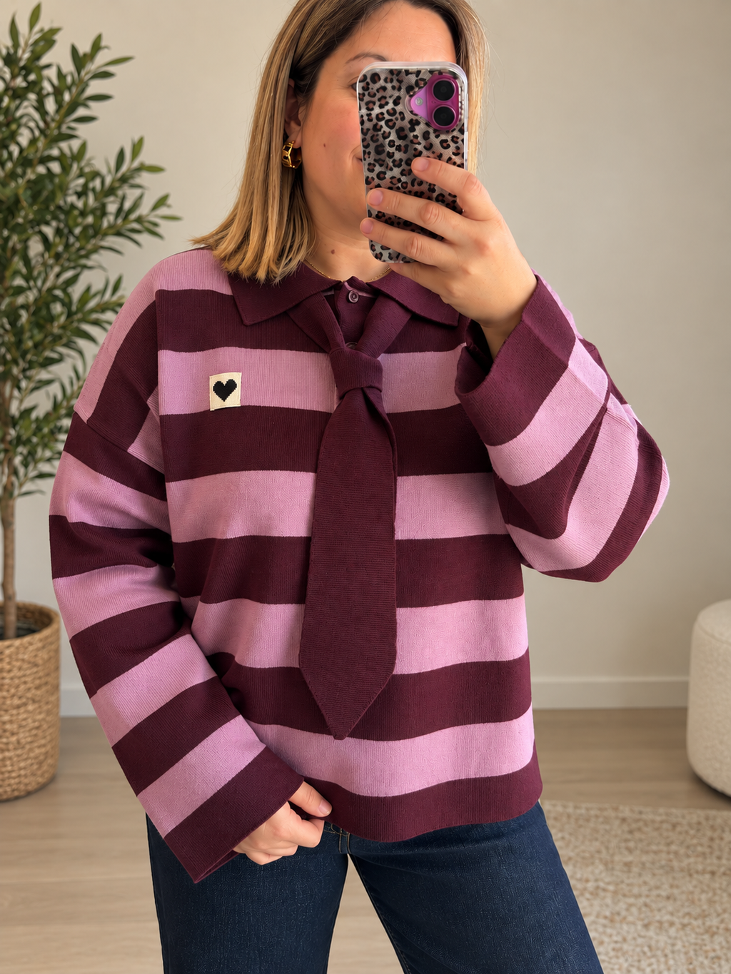 Pull en maille col polo rayé bordeaux/vieux rose