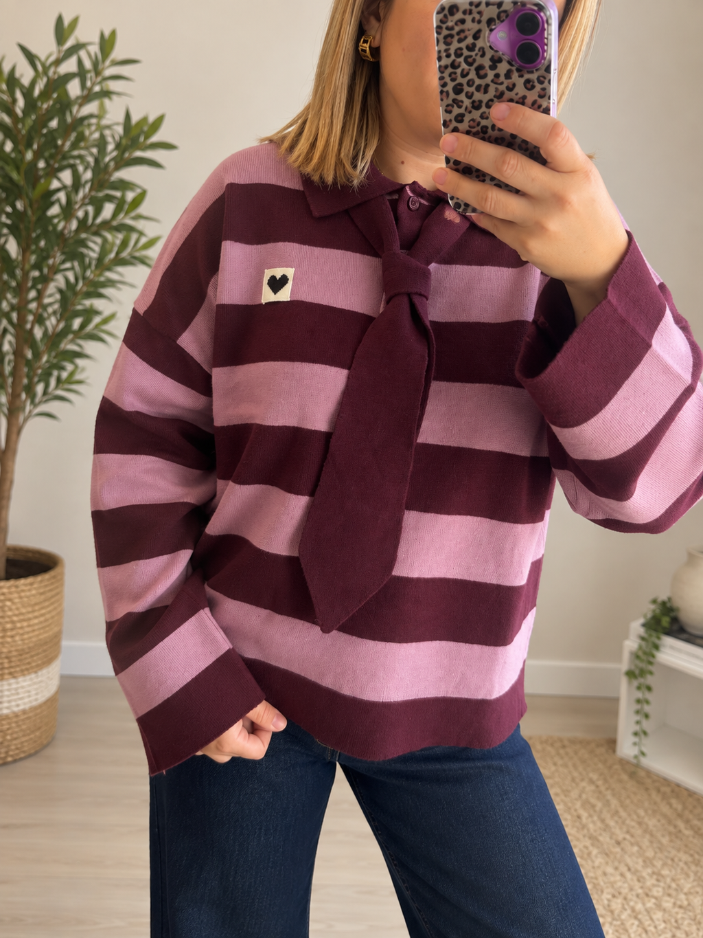 Pull en maille col polo rayé bordeaux/vieux rose