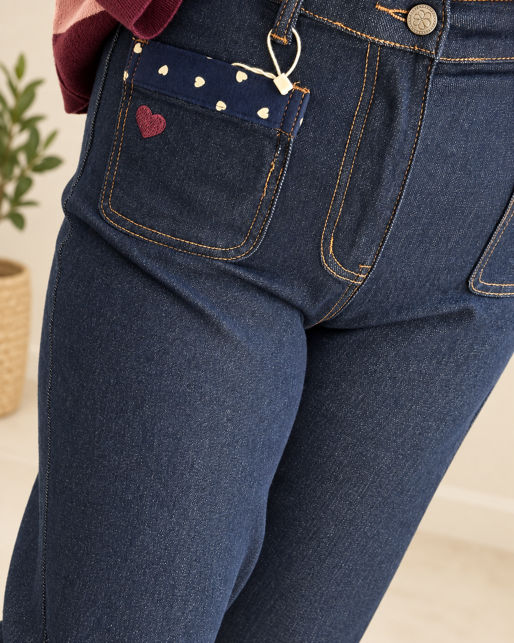 Jean wide leg denim brut broderie teckel