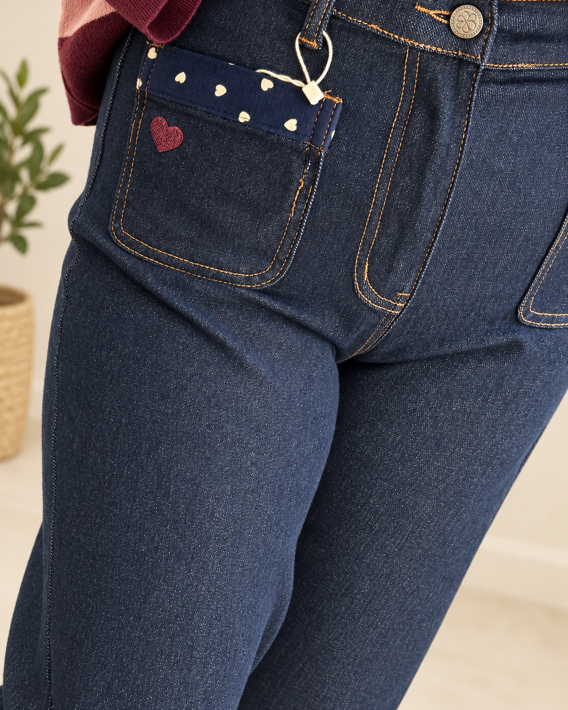 Jean wide leg denim brut broderie teckel
