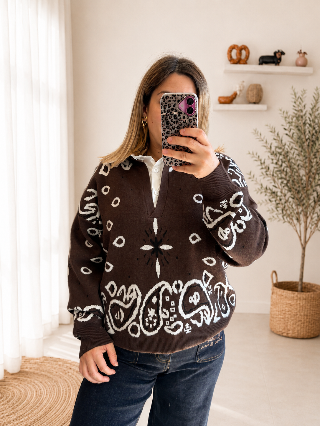 Pull chocolat imprimé 2 en 1