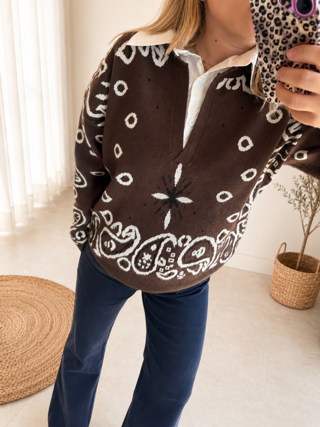 Pull chocolat imprimé 2 en 1
