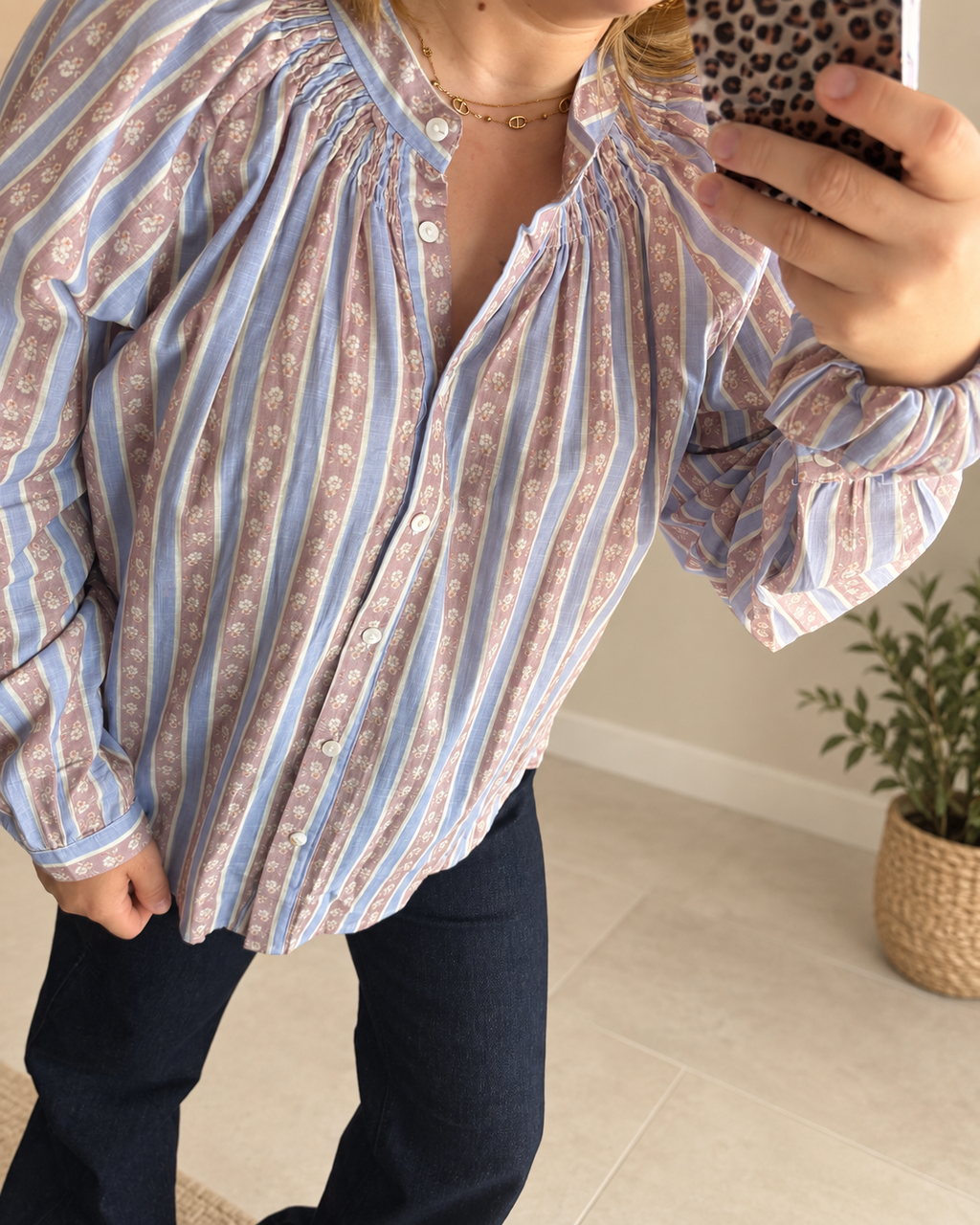 Blouse rayée vieux rose/mauve/écru