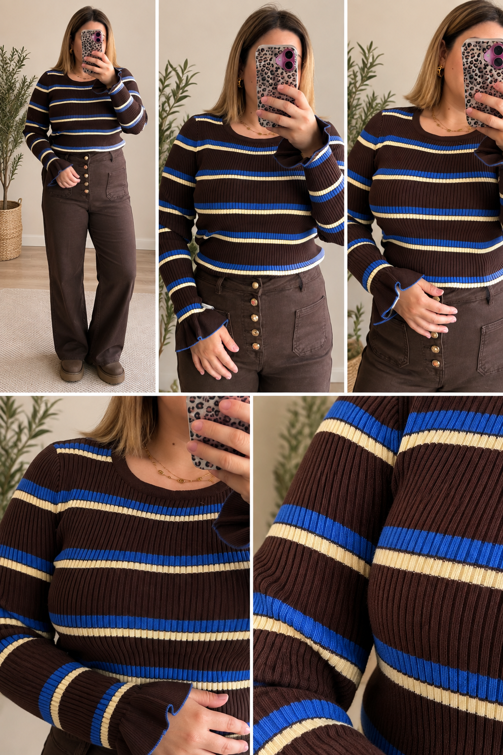 Pull fin cotelé chocolat/bleu électrique/jaune beurre