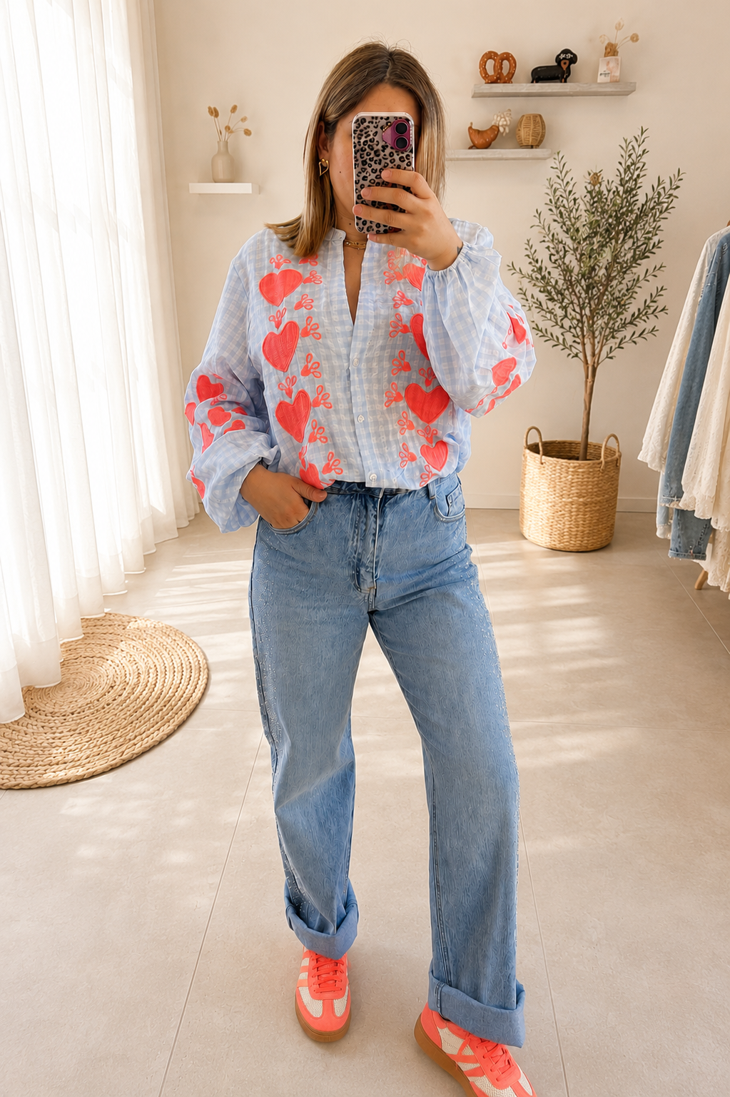 Blouse vichy bleu détails fluo