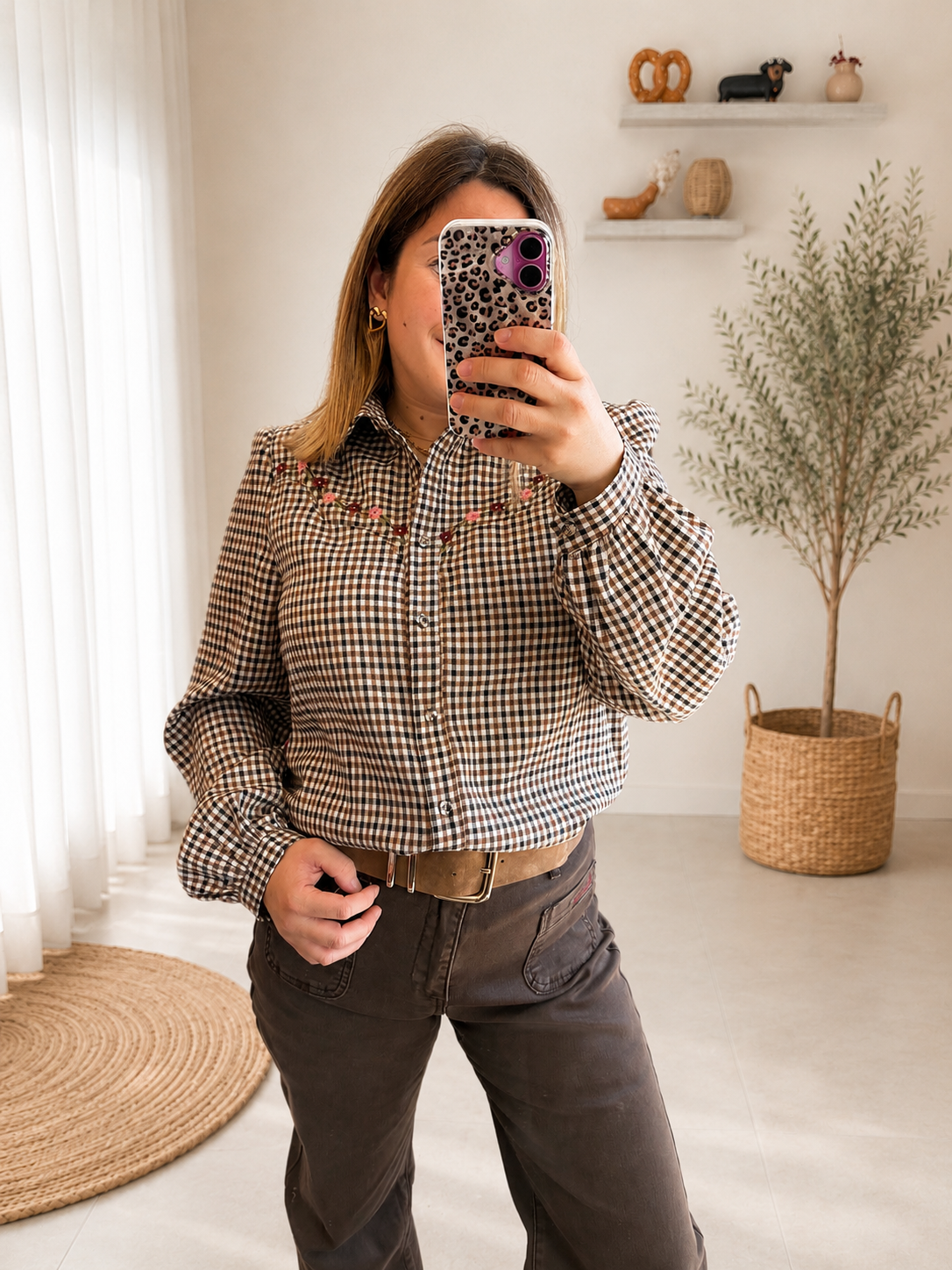 Chemise à carreaux brodée fleurs