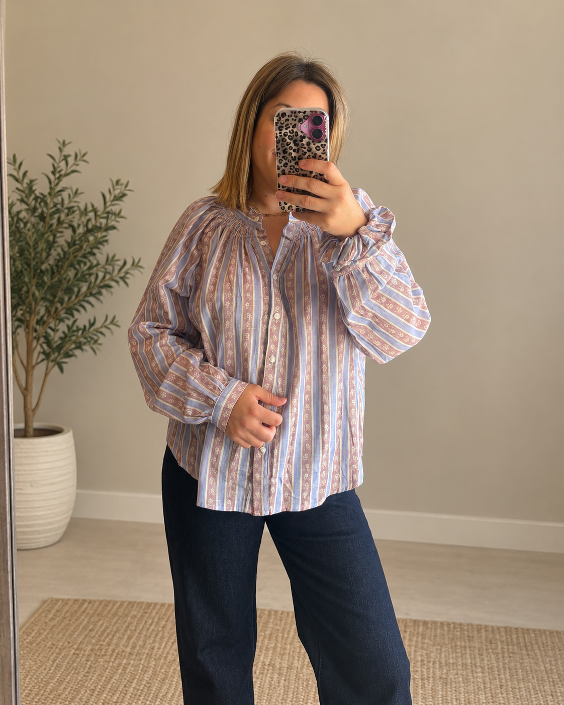 Blouse rayée vieux rose/mauve/écru