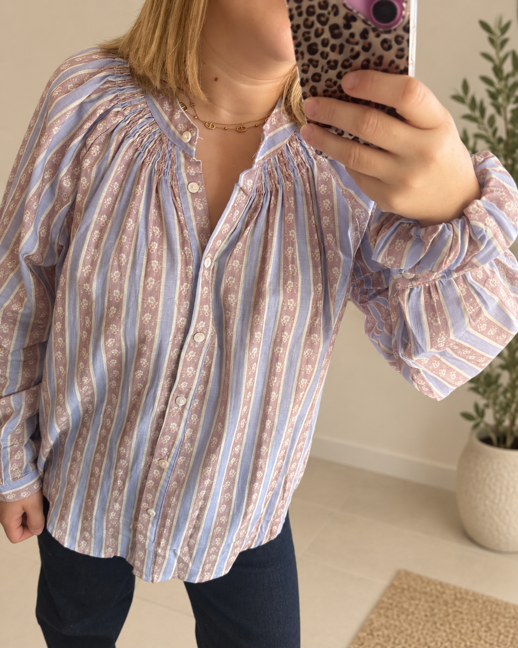 Blouse rayée vieux rose/mauve/écru