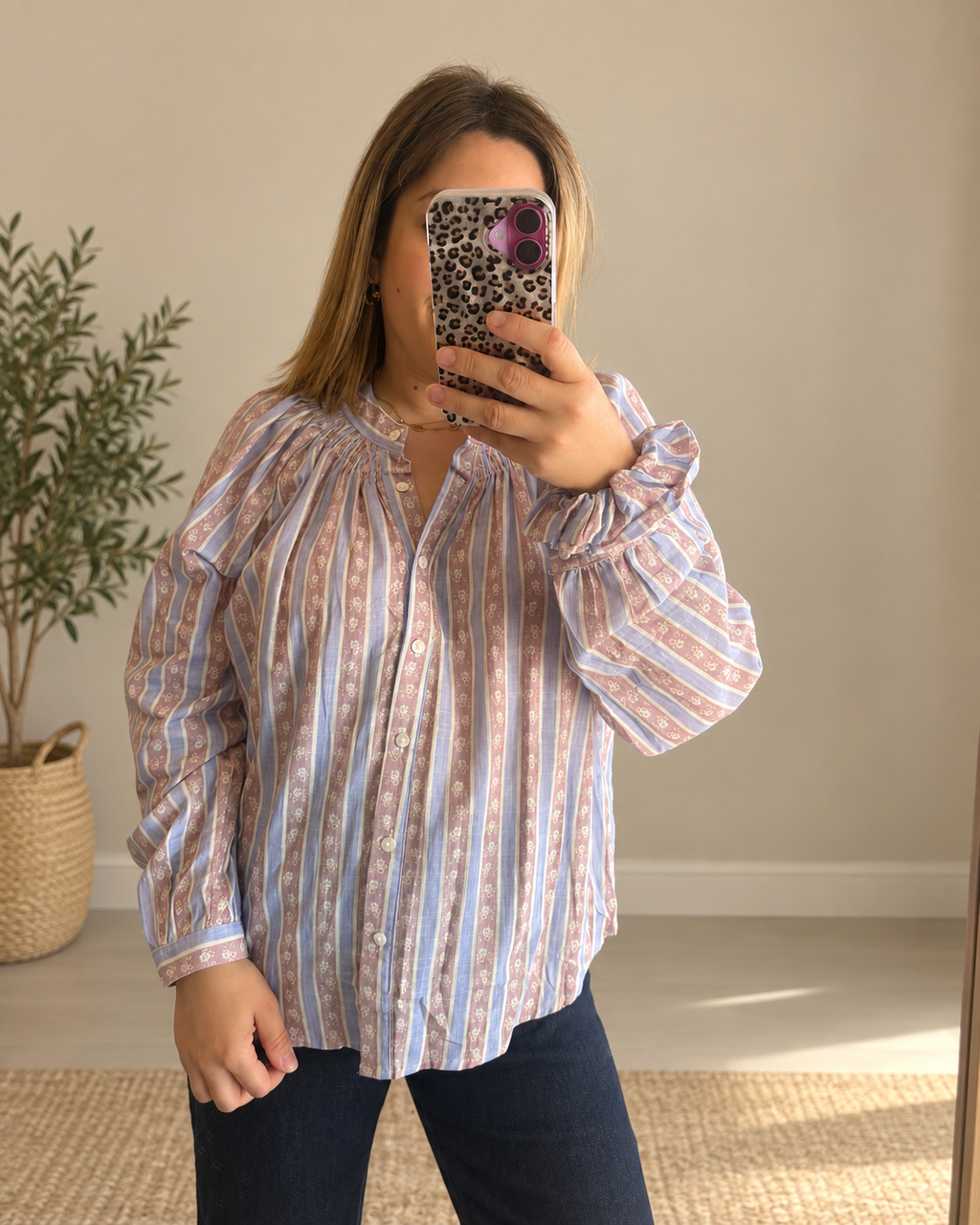 Blouse rayée vieux rose/mauve/écru
