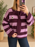 Pull en maille col polo rayé bordeaux/vieux rose