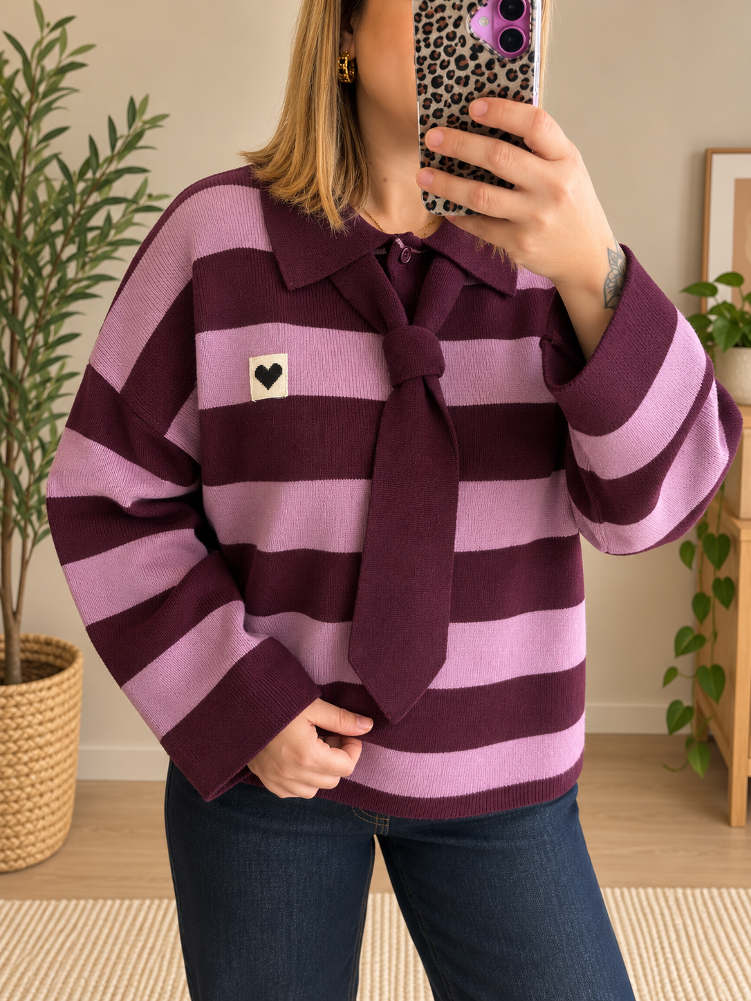 Pull en maille col polo rayé bordeaux/vieux rose