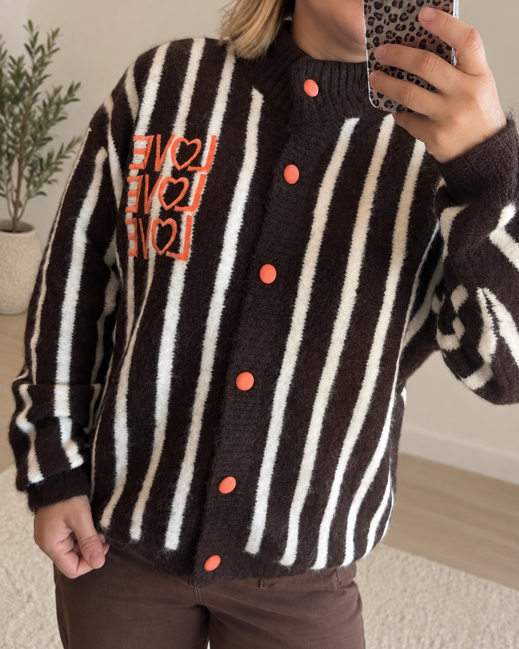 Gilet chocolat rayé écru/orange
