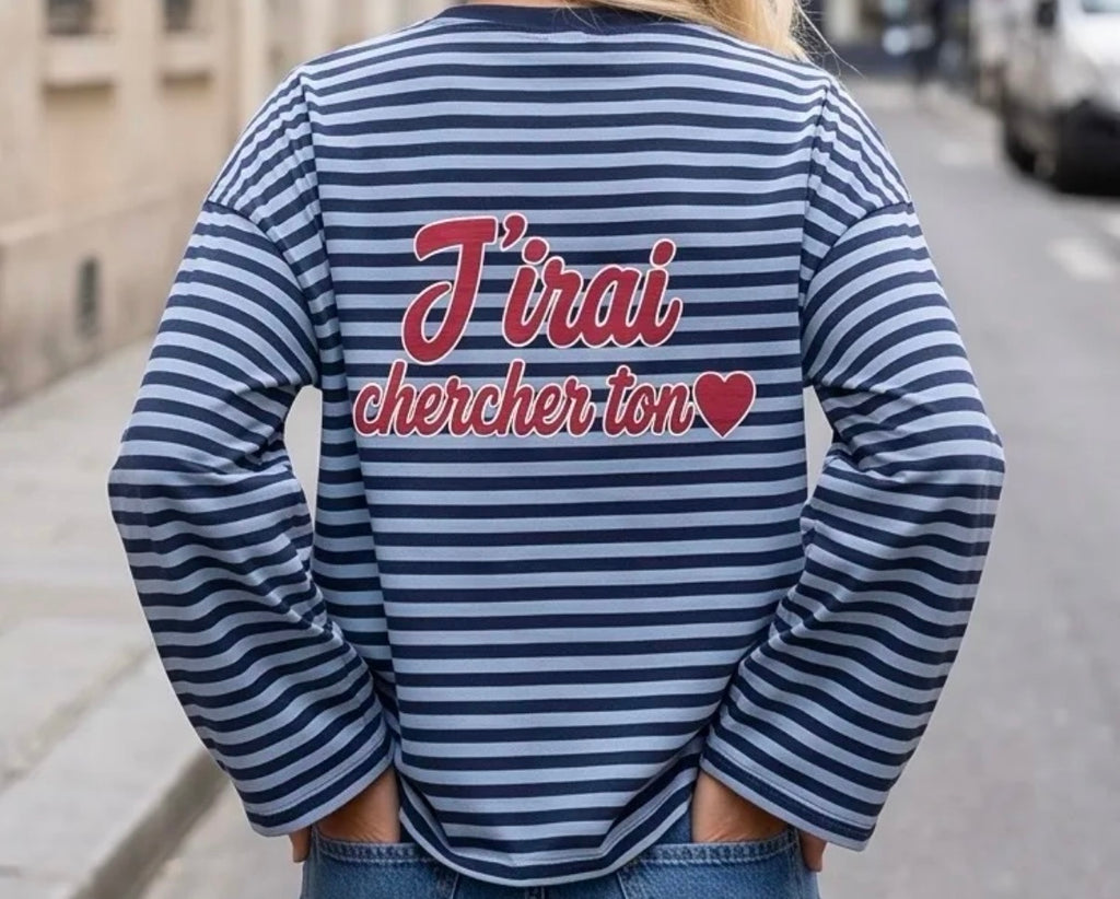 Tee shirt rayé broderies au dos   issues de la chanson de Céline Dion “Pour que tu m’aimes encore”