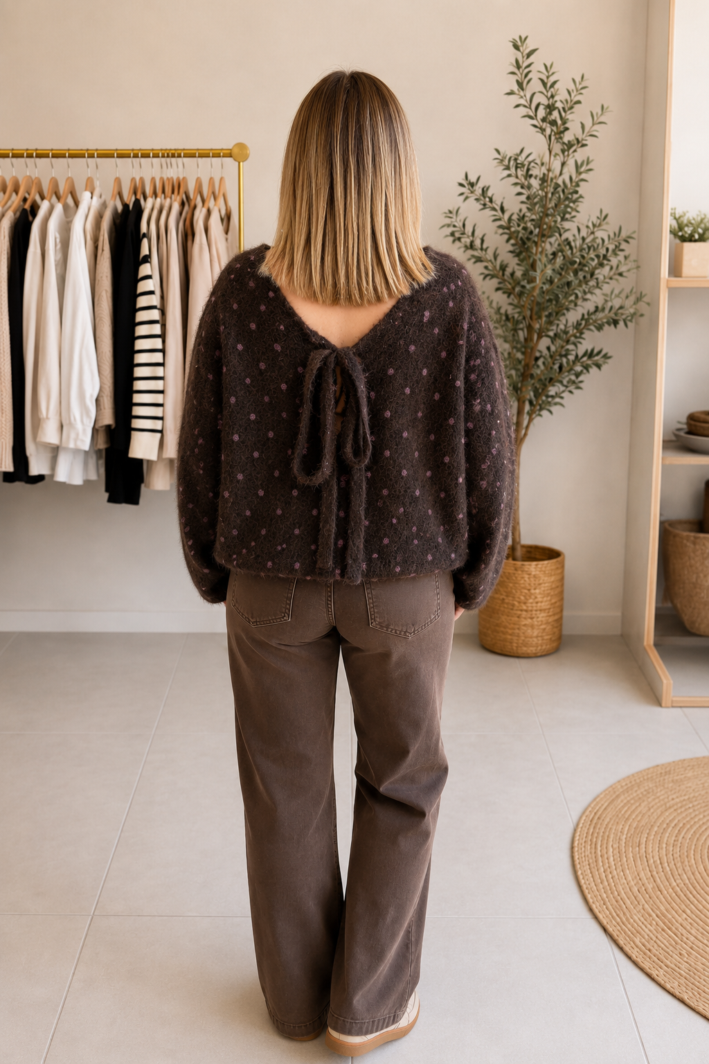 Pull chocolat petits pois rose