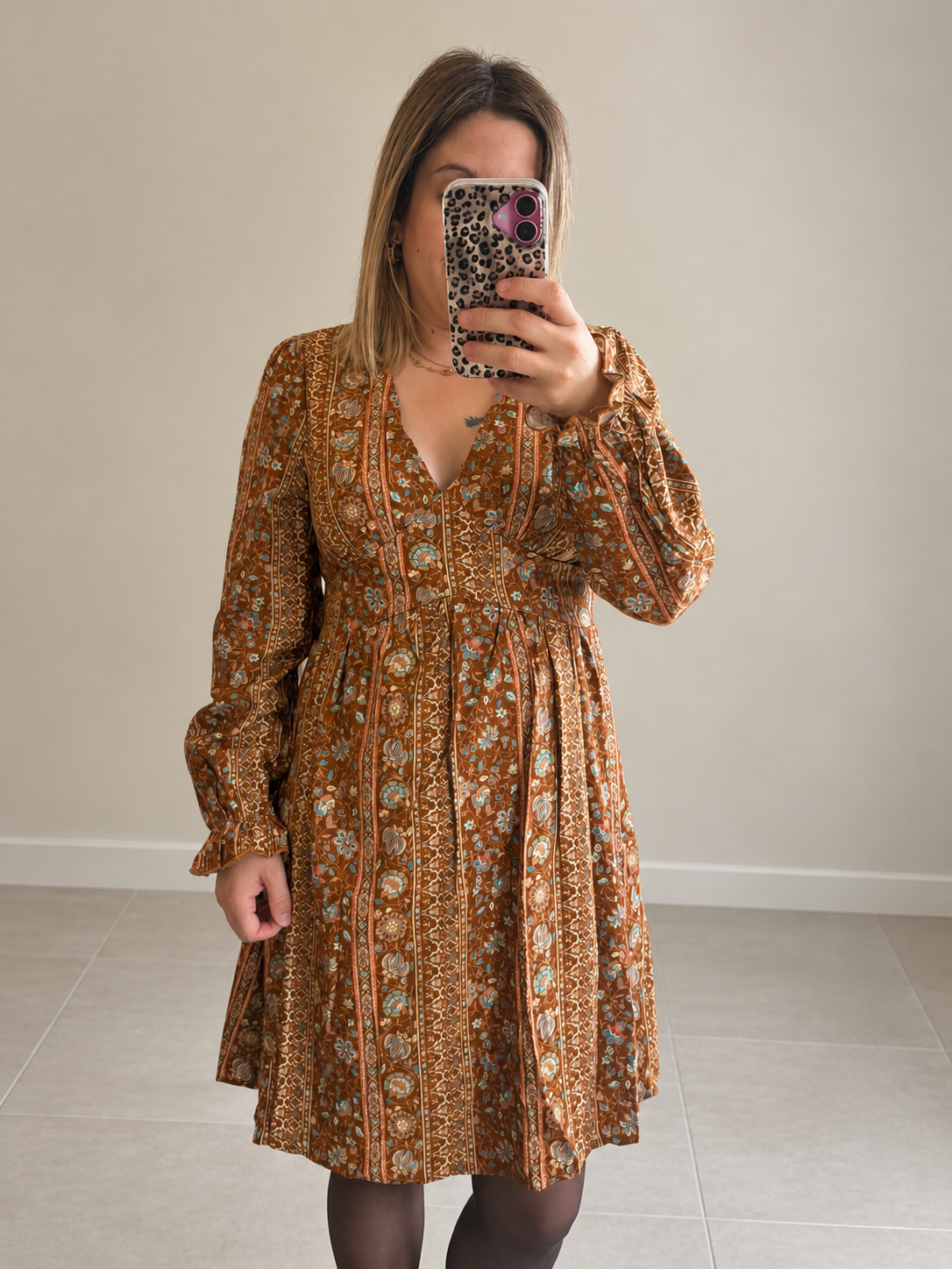 Robe courte camel imprimé bleu turquoise