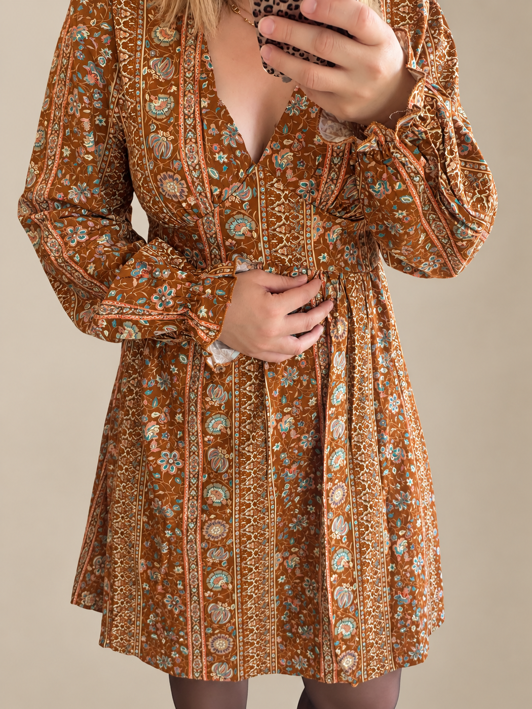 Robe courte camel imprimé bleu turquoise