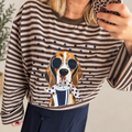 Tee shirt rayé beige chiné/chocolat décor chien