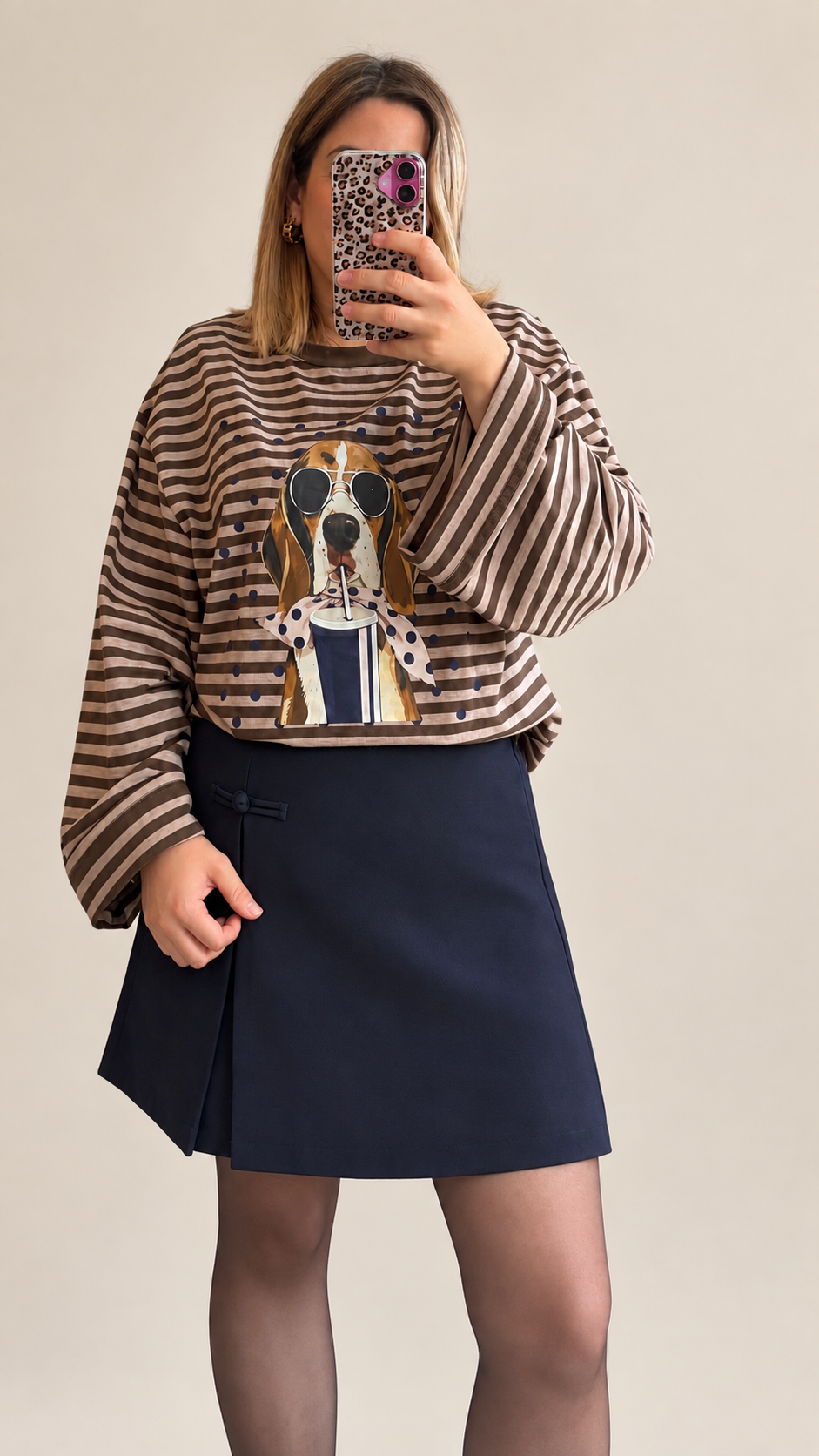 Tee shirt rayé beige chiné/chocolat décor chien