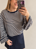 Tee shirt rayé beige chiné/bleu marine décor chat