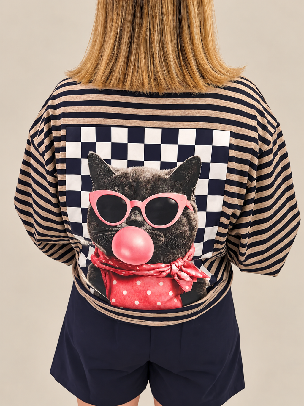 Tee shirt rayé beige chiné/bleu marine décor chat