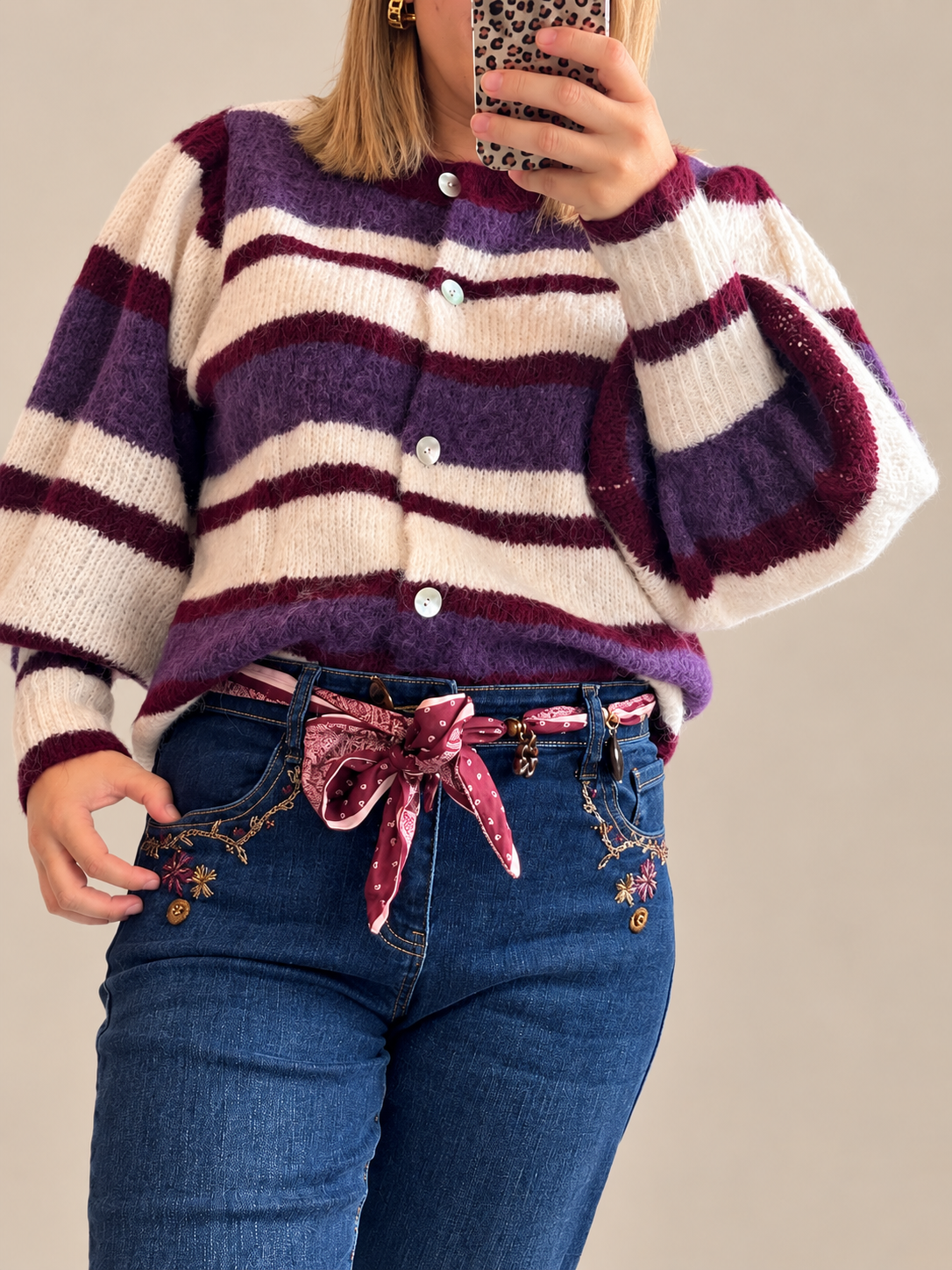Gilet rayé bordeaux/violet/écru