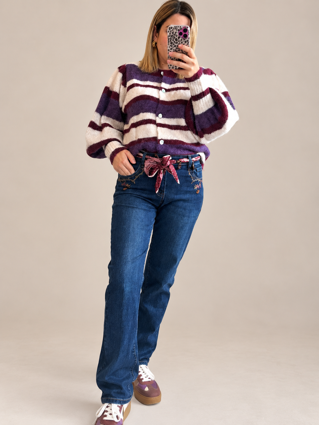 Gilet rayé bordeaux/violet/écru