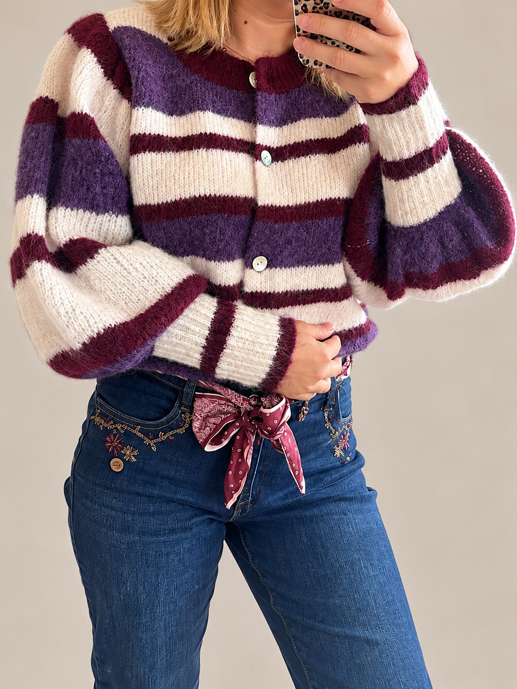 Gilet rayé bordeaux/violet/écru