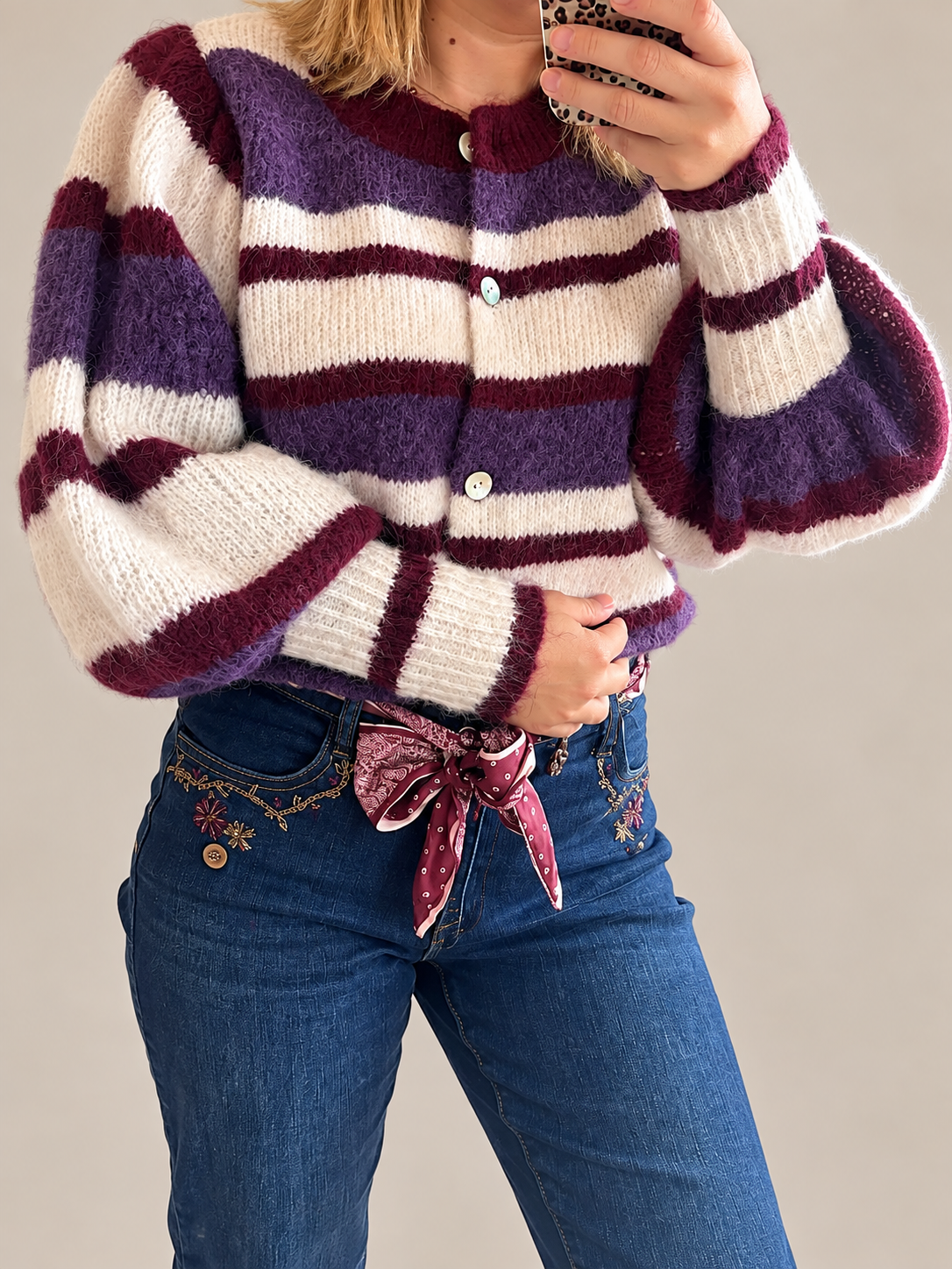 Gilet rayé bordeaux/violet/écru