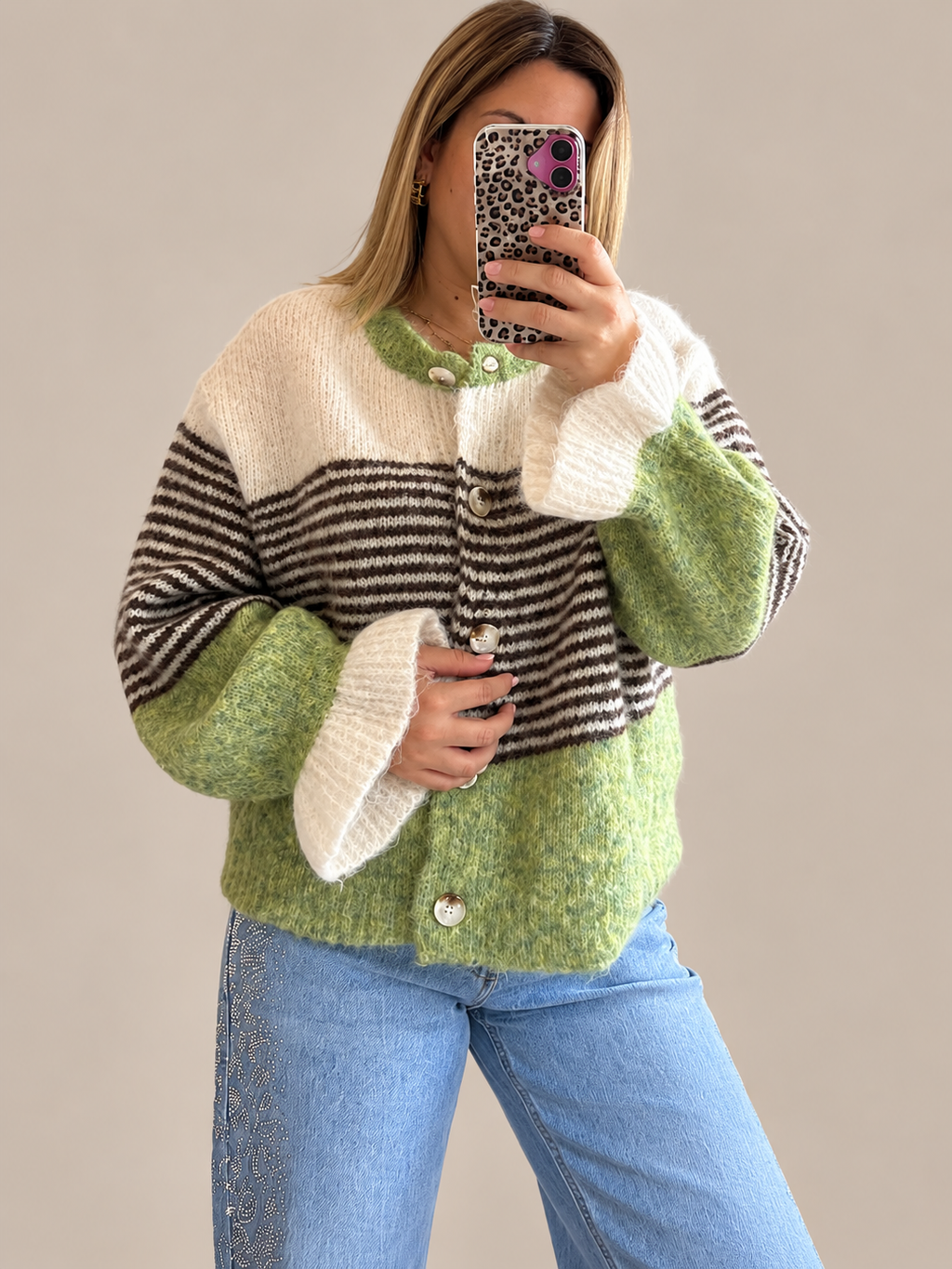 Gilet écru/vert/chocolat