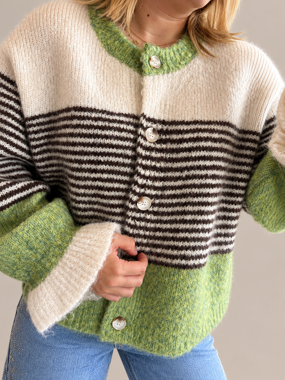 Gilet écru/vert/chocolat
