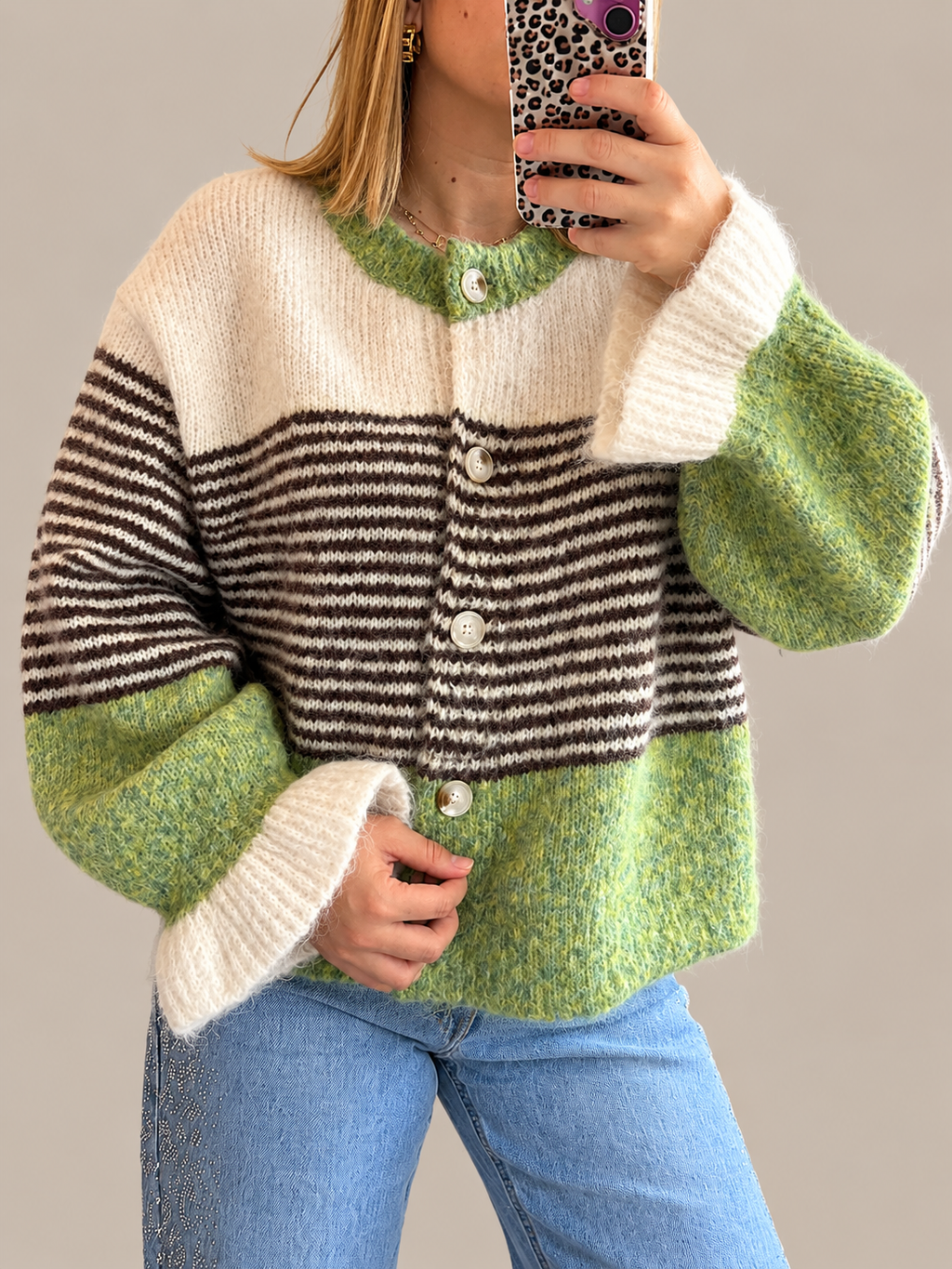 Gilet écru/vert/chocolat