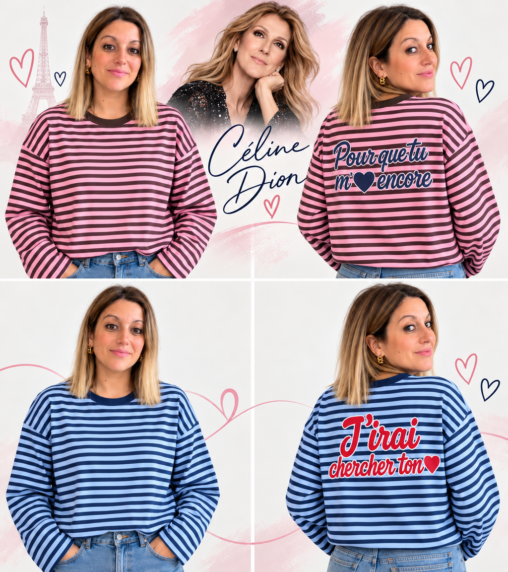 Tee shirt rayé broderies au dos   issues de la chanson de Céline Dion “Pour que tu m’aimes encore”