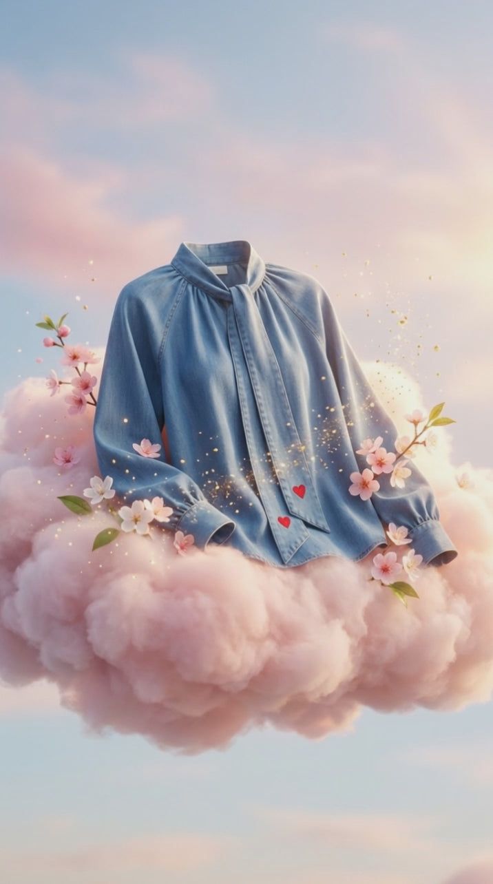 Chemise en jean bleu col lavallière